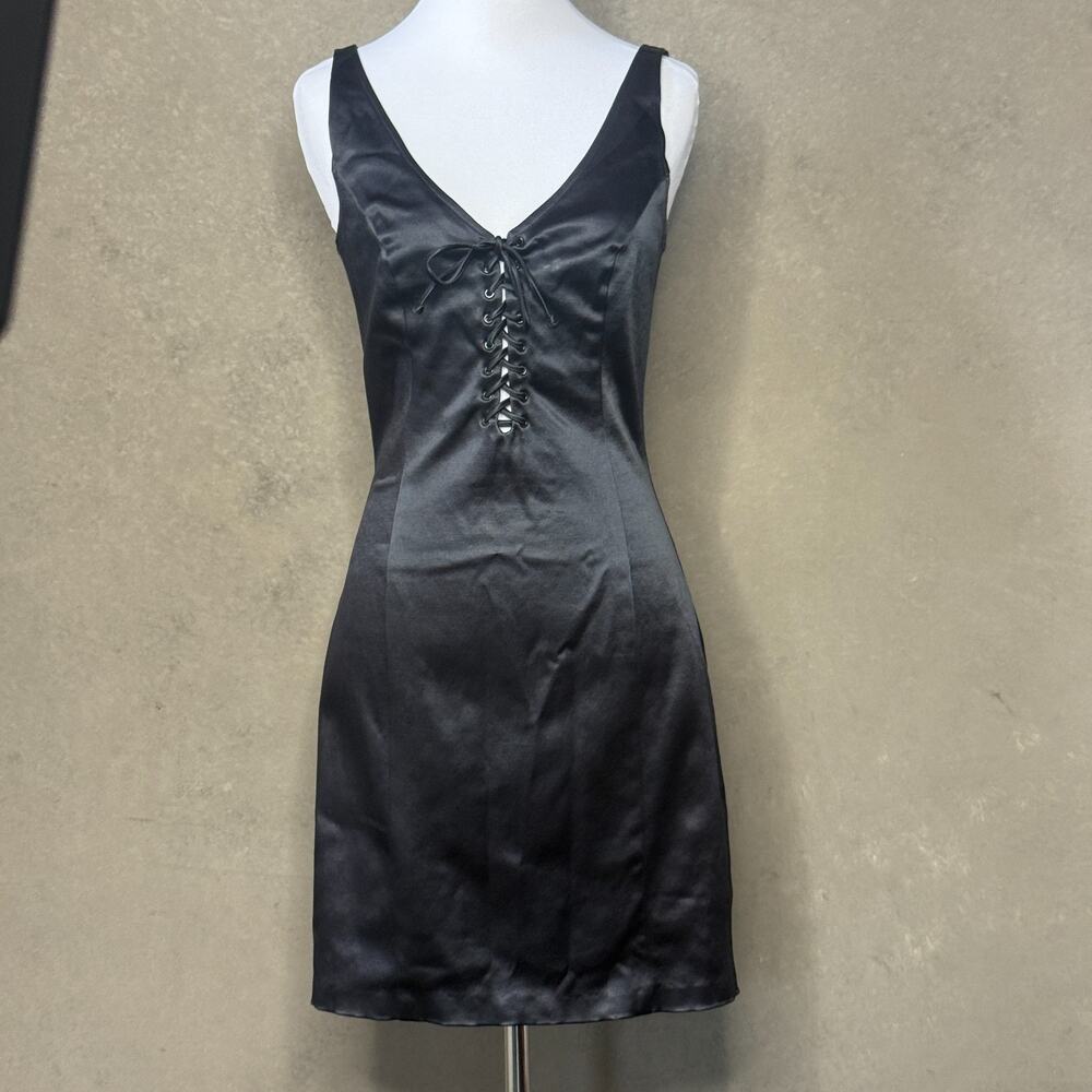 Cache Black Satin Y2K Lace Up Corset Slip Dress Size M